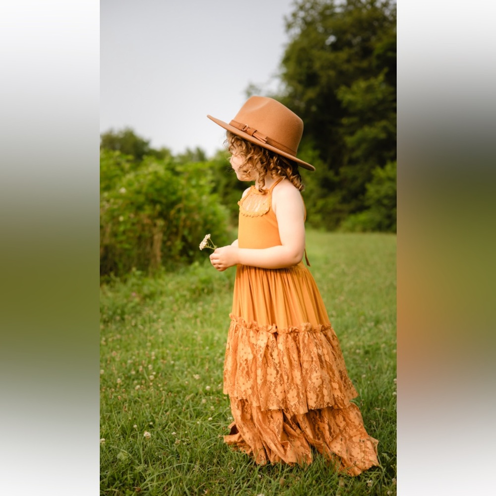 BIBIHOU Charming Lace Tiered Kids Dress in color coffee 4T